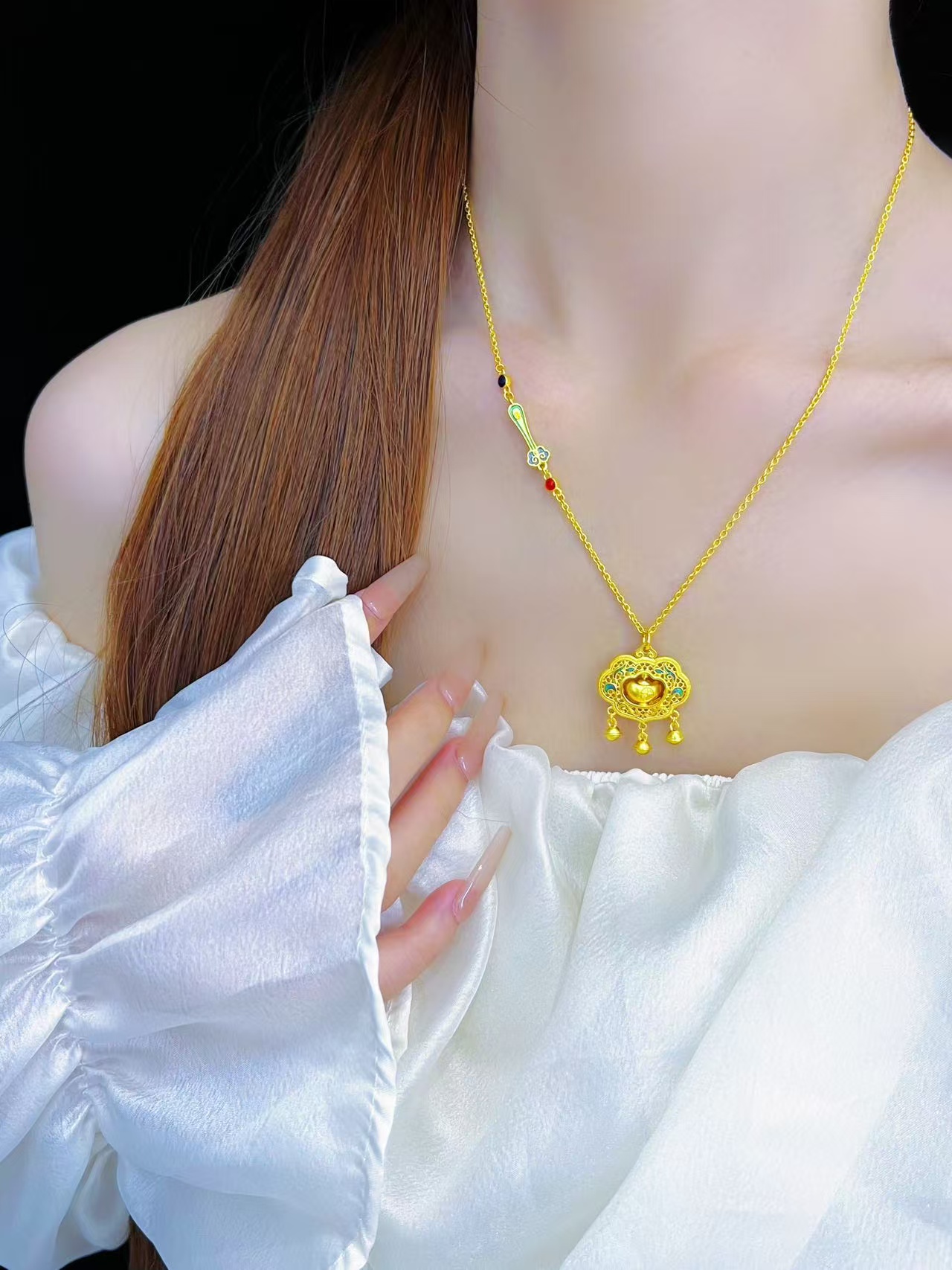 足金999纯黄金古法元宝如意铃铛锁套链