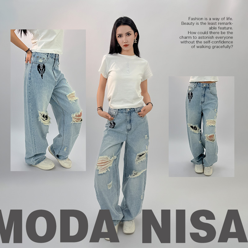 MODANISA破洞裤设计感民族风牛仔裤直筒阔腿加长款破洞裤-135-43-