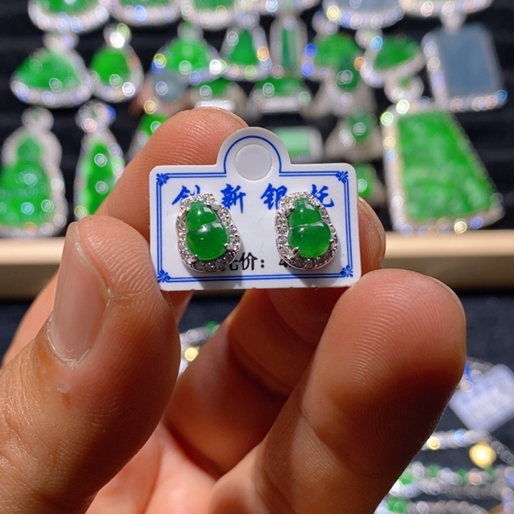 翡翠耳饰银S925镶嵌天然A货翡翠