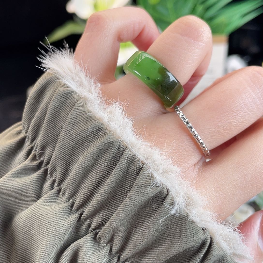 和田玉未镶嵌戒指E100碧玉圆切16.8