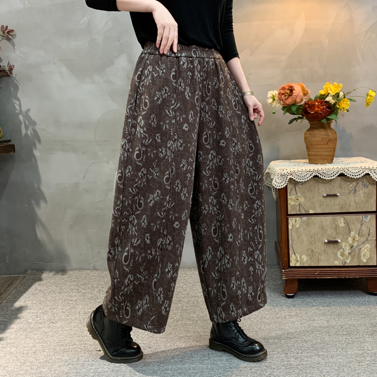 阔腿裤碎花提花长裤休闲裤松紧腰印花灯笼裤冬季加绒加厚