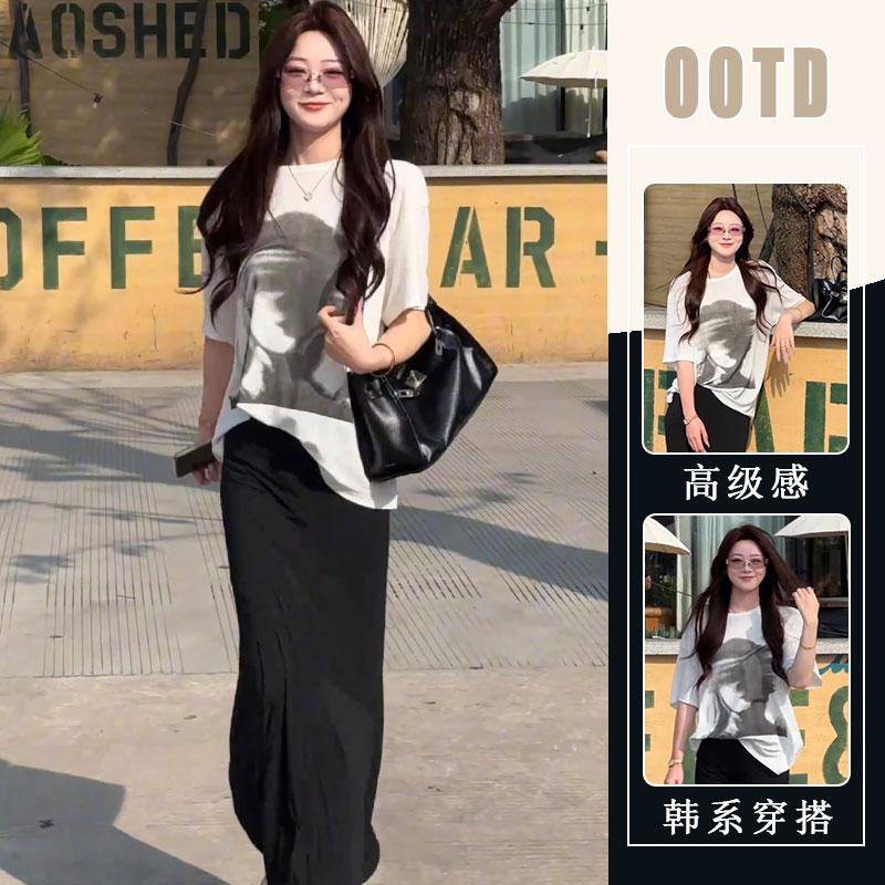 夏季设计感不撞款套装时尚印花短袖上衣高腰半身裙美式高街两件套