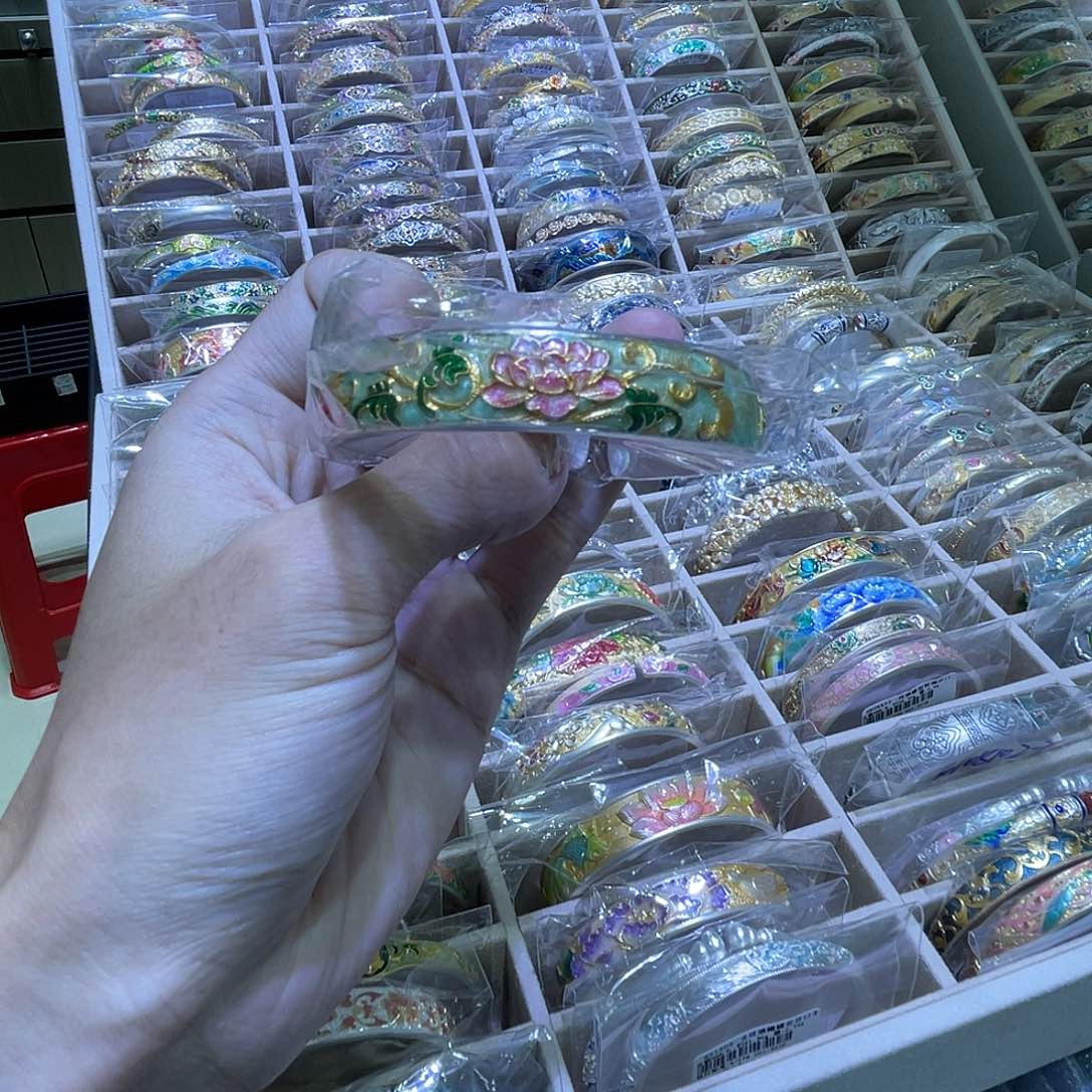 珐琅足银莲花手镯55g