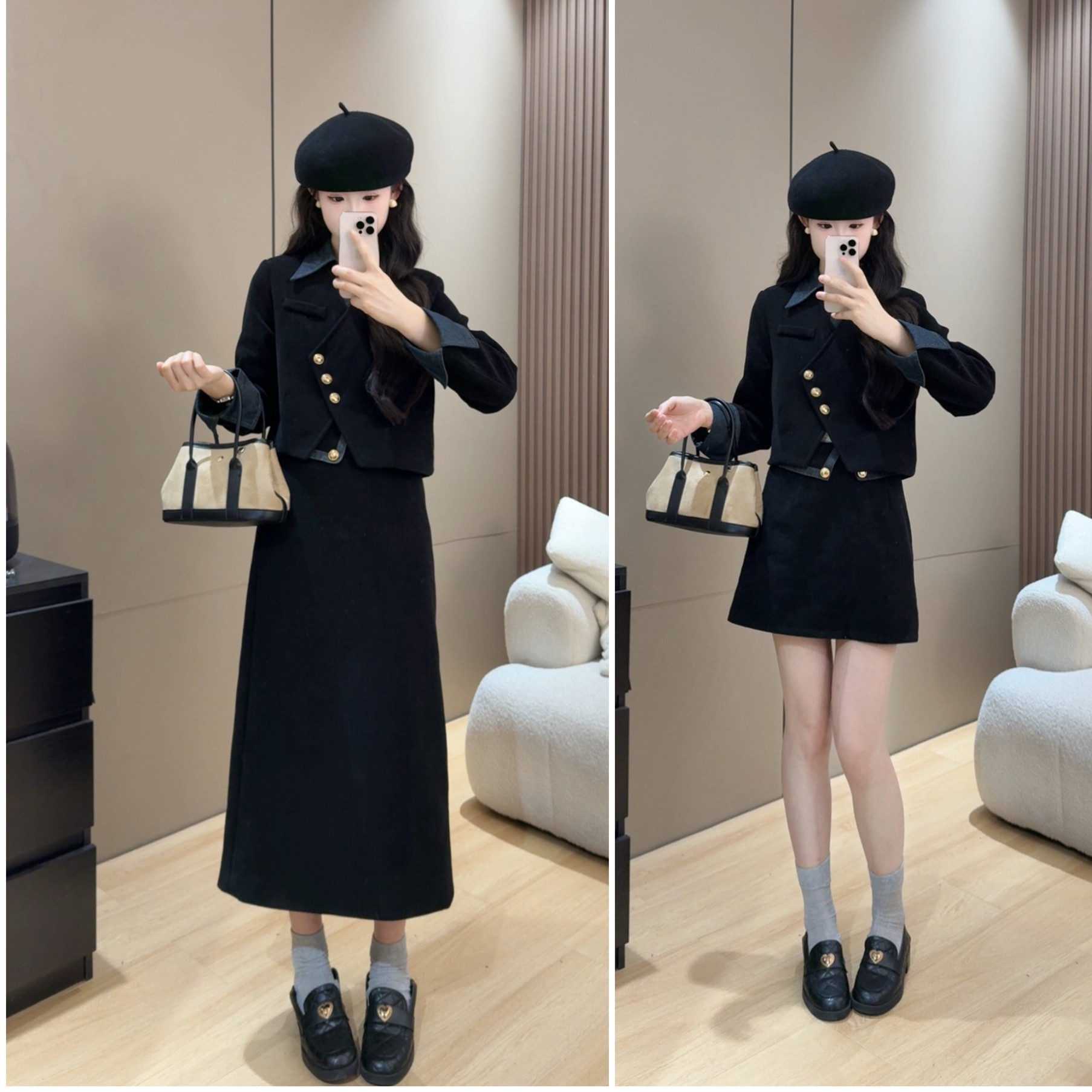 【现货】秋冬加厚新品显瘦不起球假气质遮胯小个子小香风套装假两件