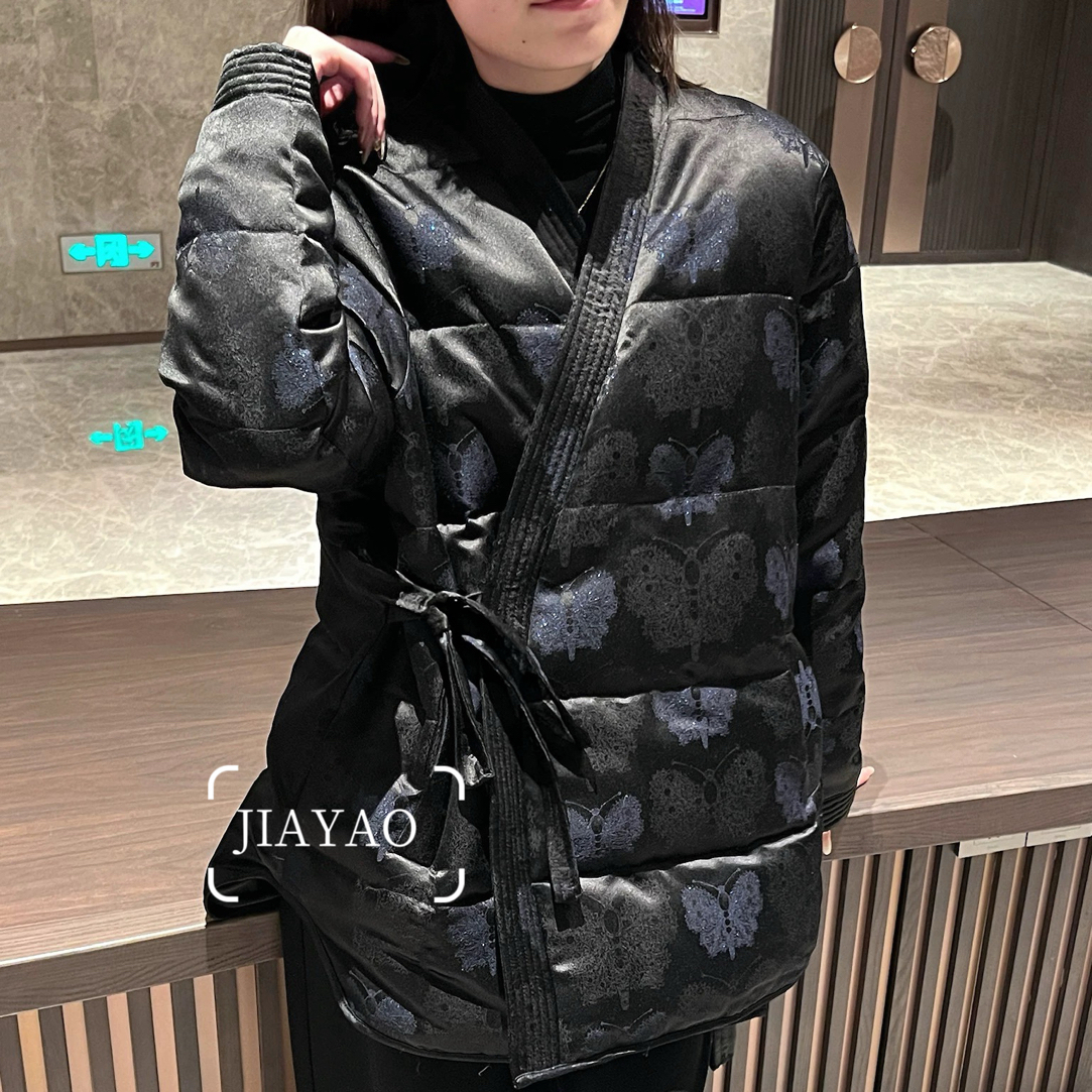 上久楷带钢印60姆米桑蚕丝丝羊毛黑蓝蝴蝶羽绒服90白鸭绒道袍外套