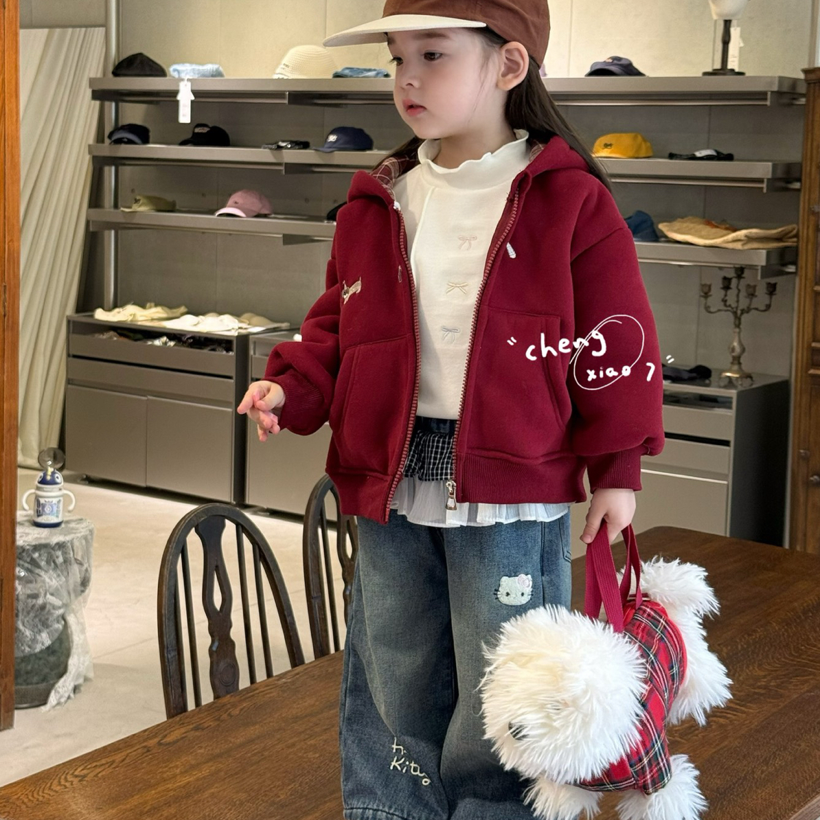 2025冬季新款儿童卫衣小童女童连帽拉链衫宝宝韩版加绒屁帘牛仔裤