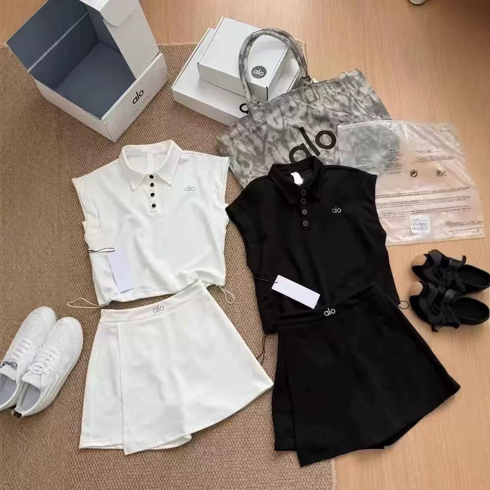 alo 运动休闲时尚裤裙套装女夏无袖POLO衫抽绳显瘦高腰短裙两件套