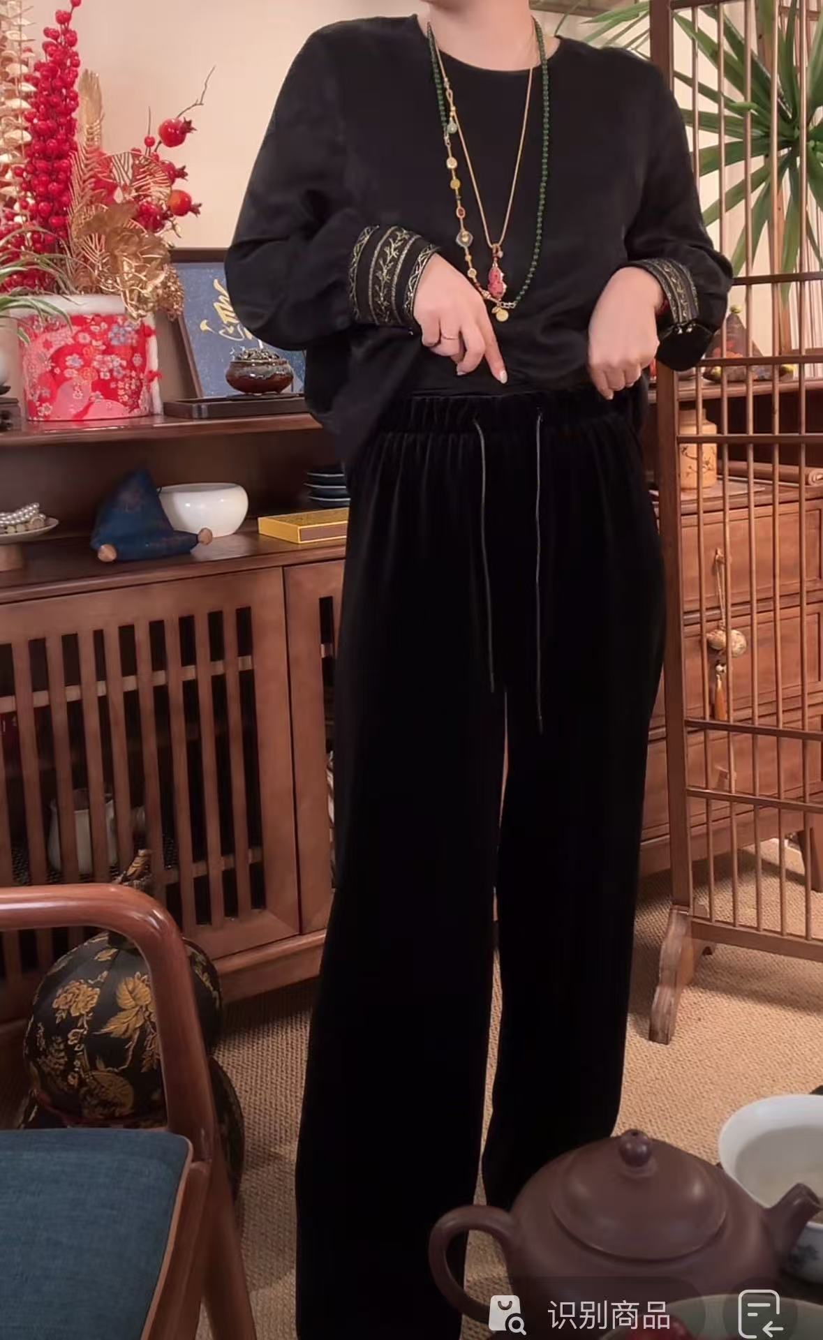 【黑玫瑰】丝绒休闲裤冬季松紧加厚休闲直筒裤垂感宽松百搭黑色时尚