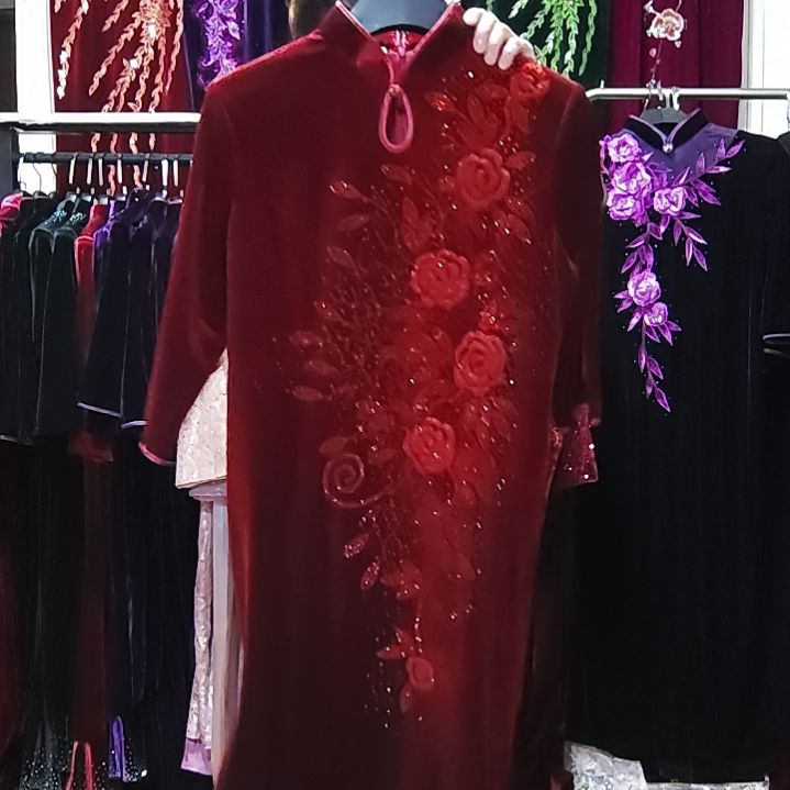 酒红色金丝绒重工中长旗袍3XL130-140内胸112腰98