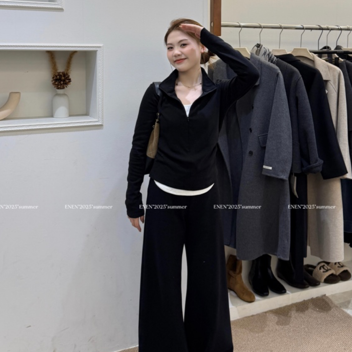 ENEN（极简从绒）秋冬假两件加磨毛立领高级感修身半拉炼半高领上衣