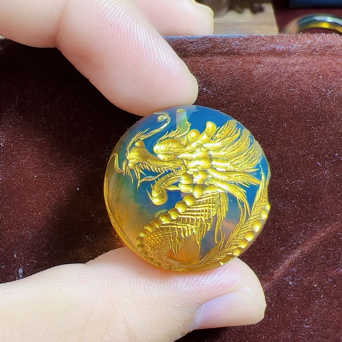 蓝珀珠宝奇石未镶嵌29mm墨西哥龙珠金沙搓金