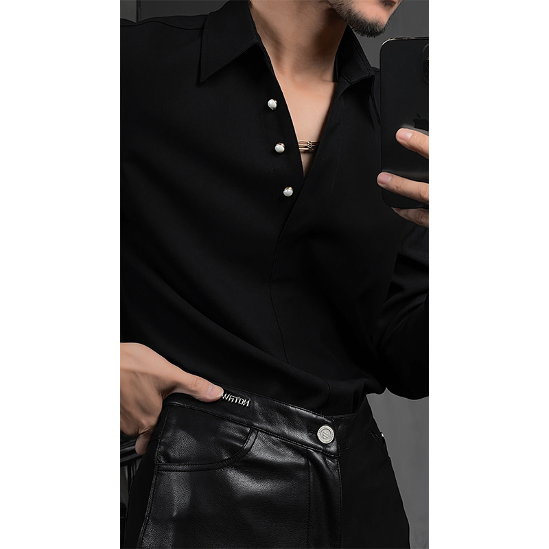 龙叨叨春夏新款潮流时尚高级感珍珠扣设计百搭气质长袖衬衫