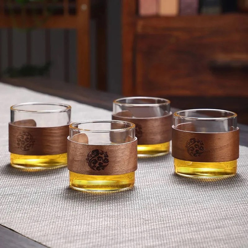 玻璃茶杯套装待客高档隔热功夫茶具家用品茗喝茶个人四只卡环杯子