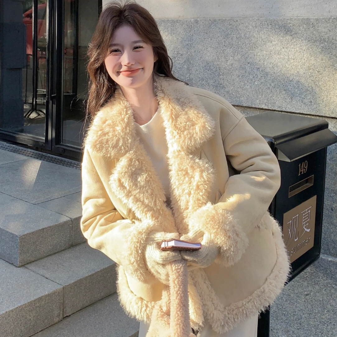 LQQ皮毛一体韩系高级感时尚气质外套女冬季新款加绒加厚爆款短款