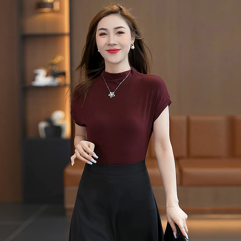 2025夏季冰丝薄款修身洋气T恤针织短袖女半高领百搭圆领气质上衣