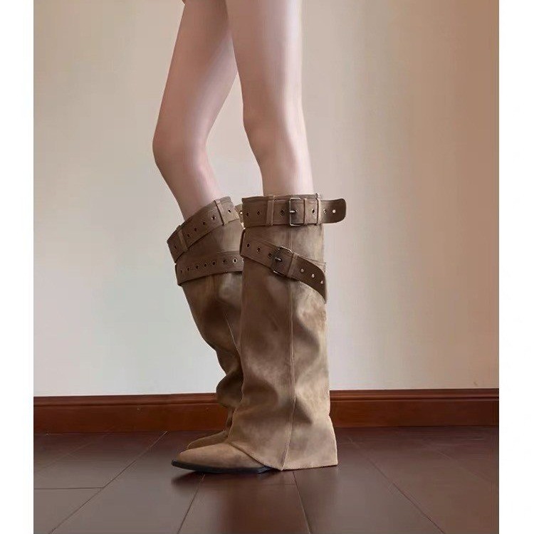 尖头粗跟裤管靴西部牛仔堆堆长靴子女2025新款秋冬高筒长筒中筒靴