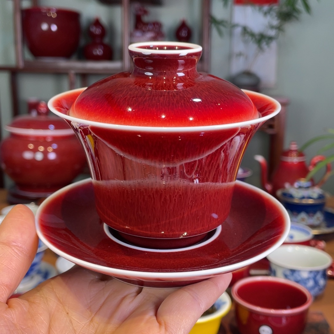 清欢雅玩原矿郎红马蹄盖碗