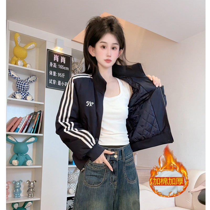 韩系刺绣蝴蝶结加棉外套女短款2025年新款休闲宽松冲锋衣夹克