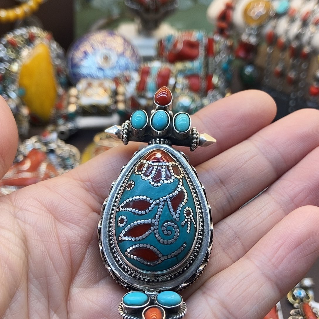 绿松石银S925镶嵌颈饰坤尼泊尔手工制作