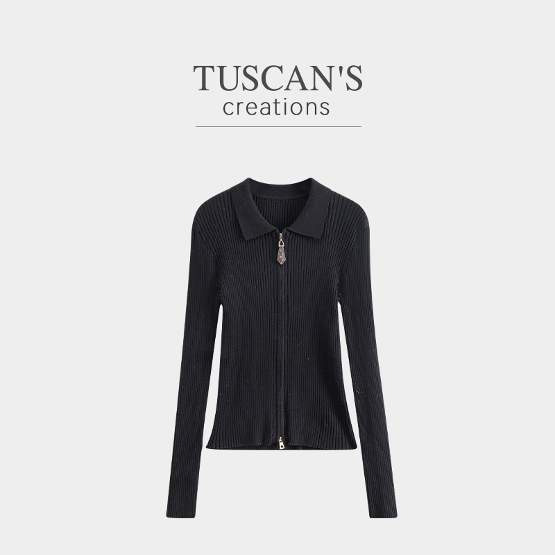 TUSCAN'S CREATIONS修身针织开衫立领毛针织衫长袖翻领女开衫