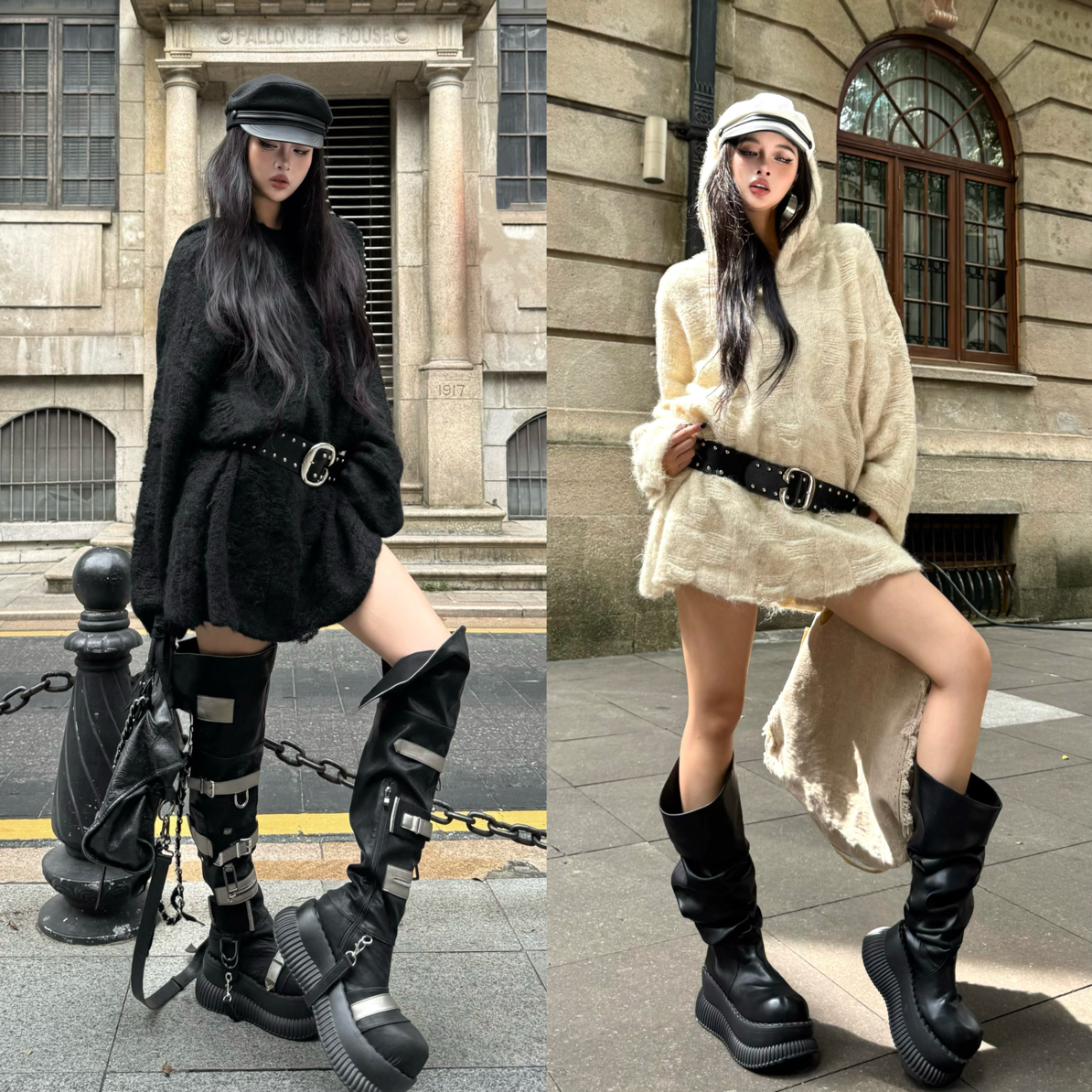 Blackgirl新款【极地恋人】立体编织做旧宽松休闲慵懒连帽长款毛衣