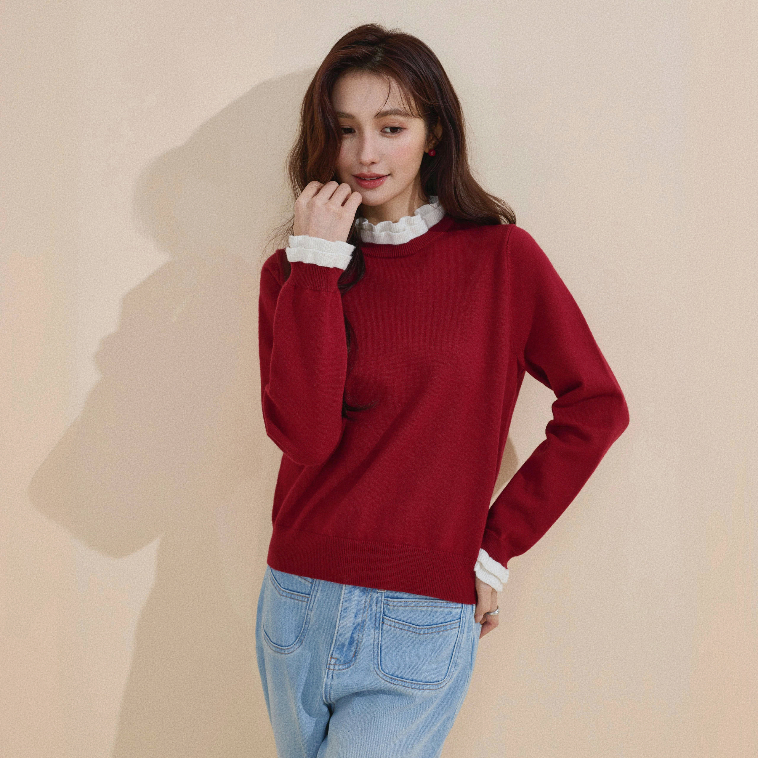 【木耳领撞色】秋冬撞色圆领套头毛衣复古百搭宽松长袖针织衫