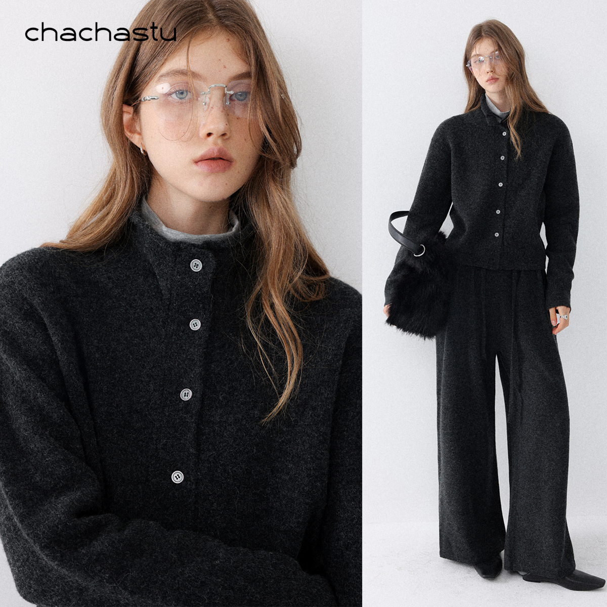 CHACHASTUcitywalk懒人公式 软绵卷边毛衣打褶抽绳裤套装CC728