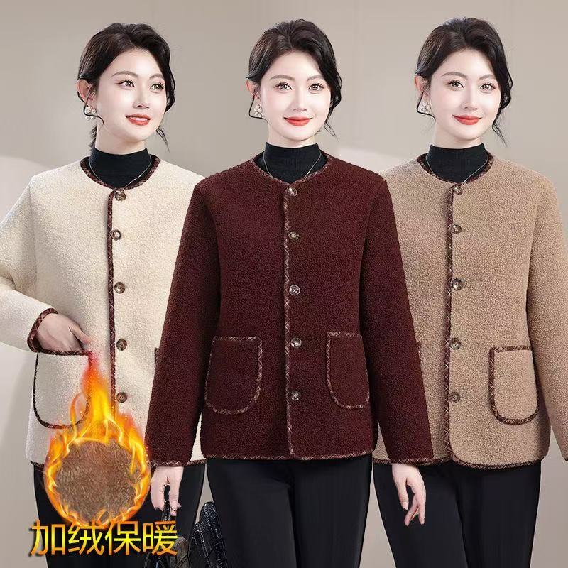 中老年妈妈装颗粒绒加绒棉衣洋气无领小棉袄女款老年人加厚