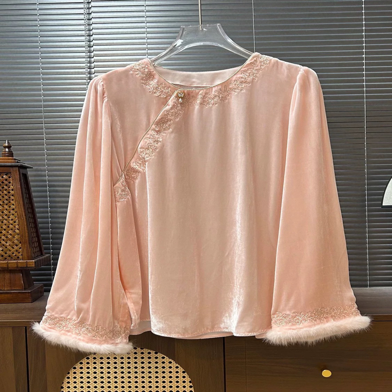 丝绒优雅气质中式国潮重工刺绣圆领上衣
