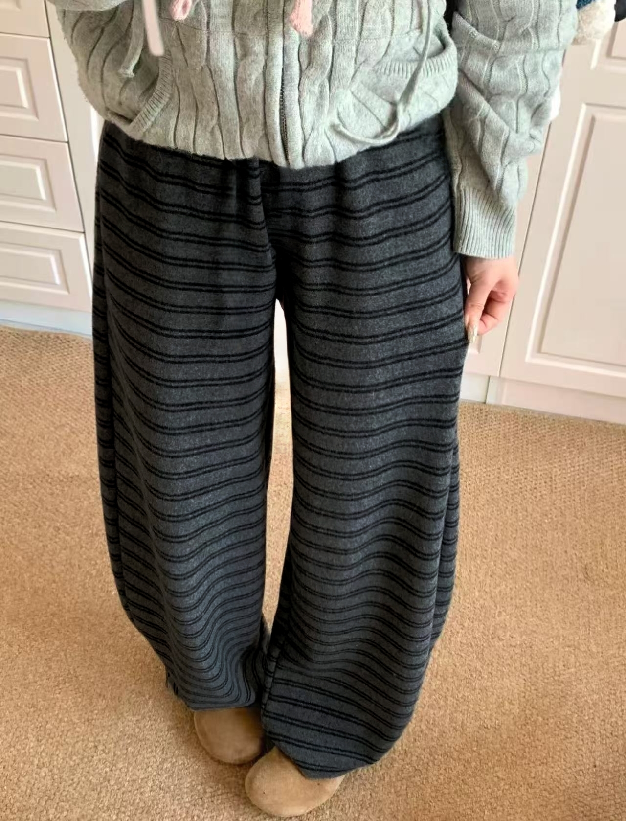 Z.X    松紧腰双面绒条纹阔腿裤  2621（A3）