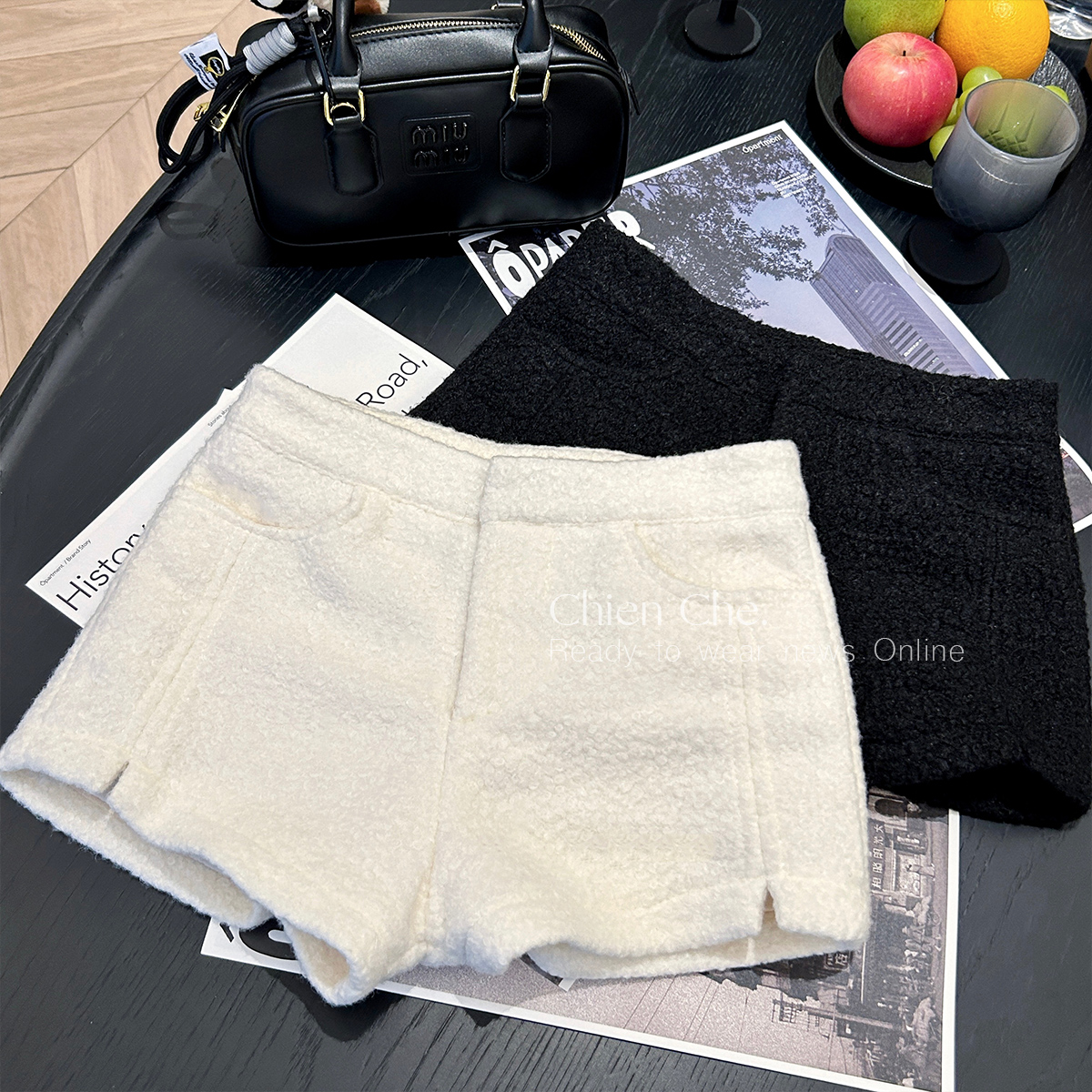 车迟恩Chien 圈圈毛呢高腰短裤女秋冬 基础百搭显瘦a字打底休闲裤