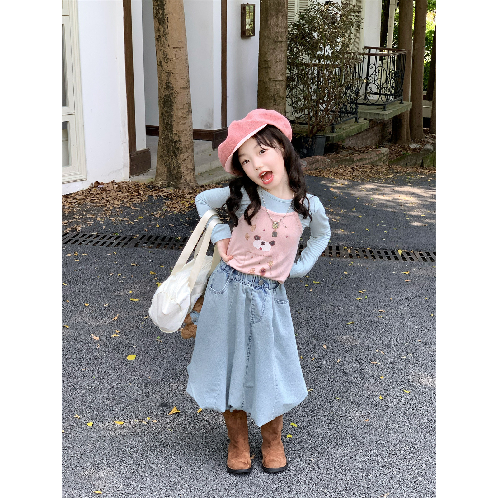 Bmy2025at 秋季新款女童卡通小熊吊带打底背心牛仔花苞裙套装