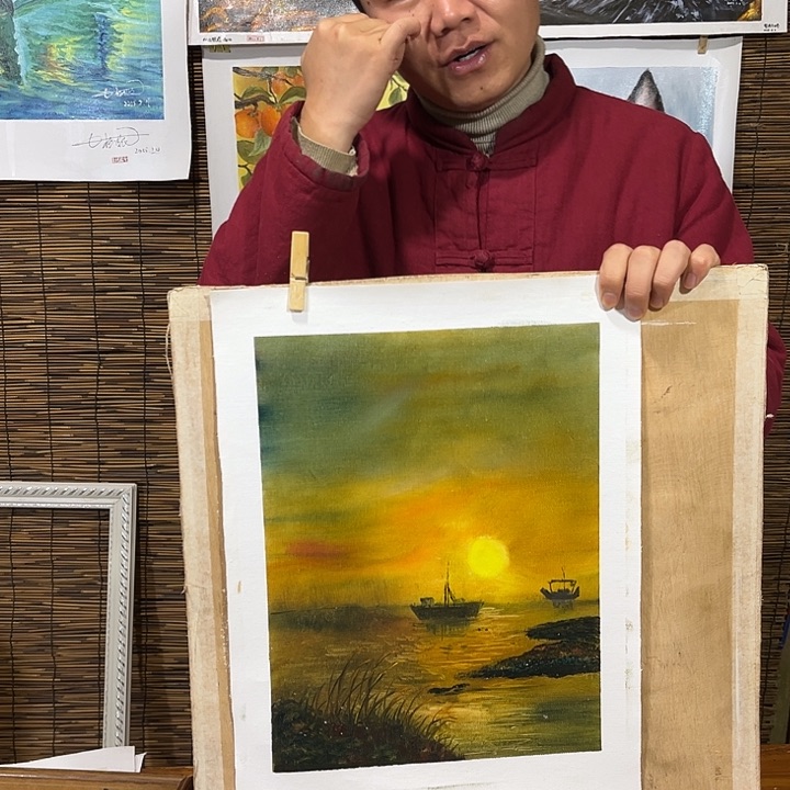 油画行路人小院绘画作品