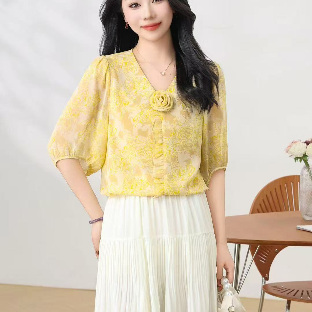 夏季斜襟宽松碎花短款简约衬衫上衣气质女装泡泡袖衬衣裁缝老段