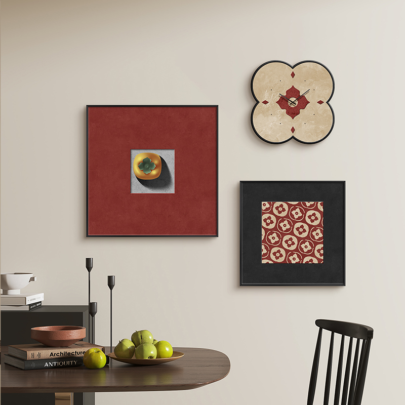2023新款柿柿如意红色钟表时钟轻奢高级感饭厅挂画中古餐厅装饰画