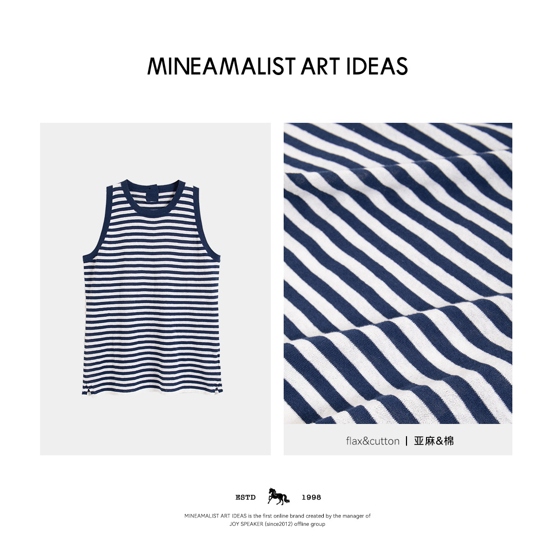 MINEAMALIST ART IDEAS夏季棉麻复古条纹圆领无袖背心3903M