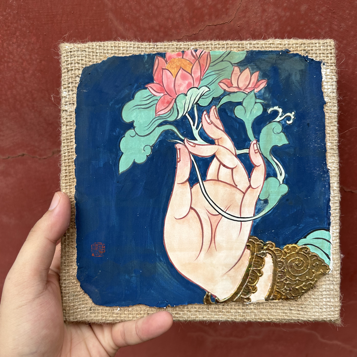 手绘佛手壁画作品20x20cm