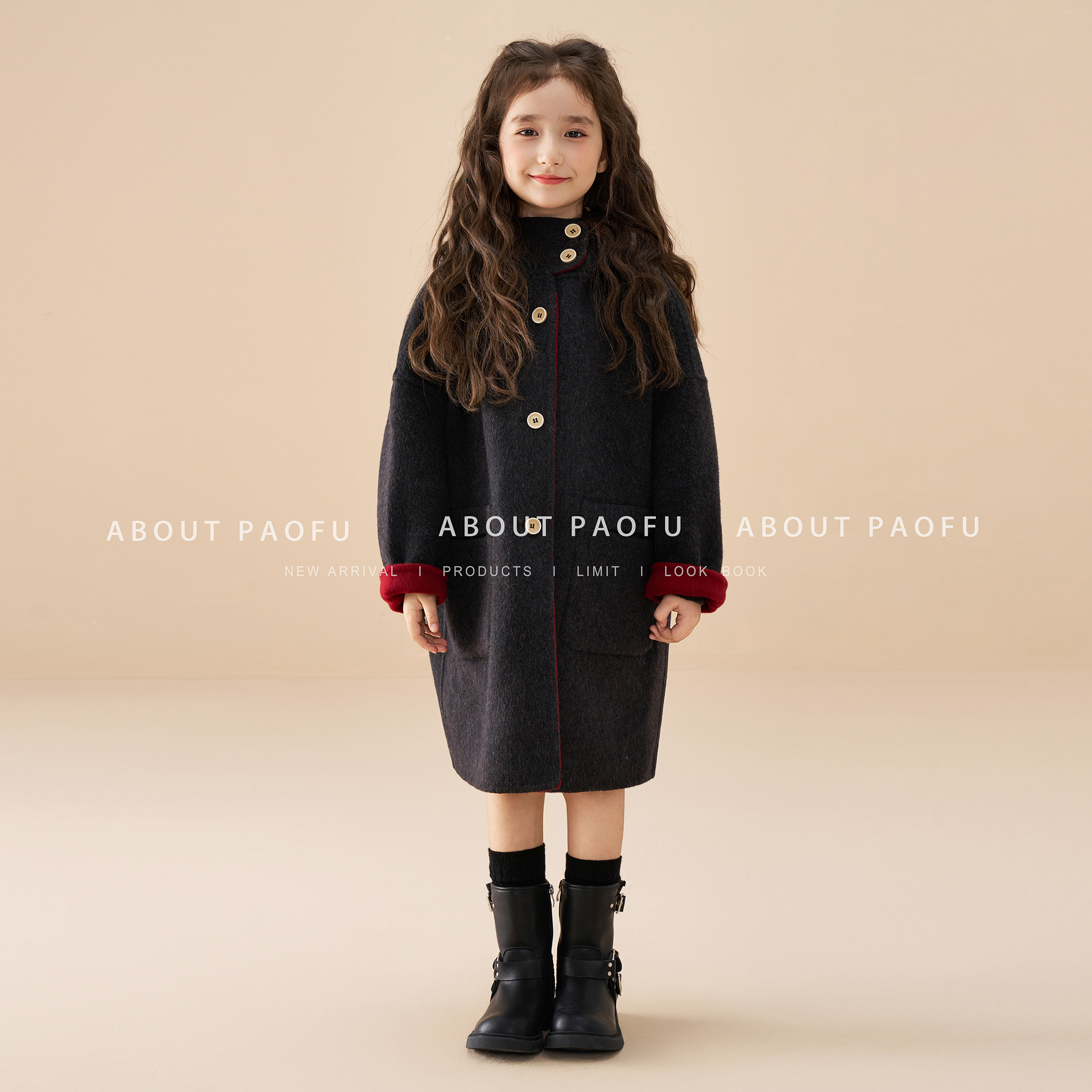 泡芙定制 红黑双面双穿 2025冬季女童纯手工绵羊毛大衣 DY241108