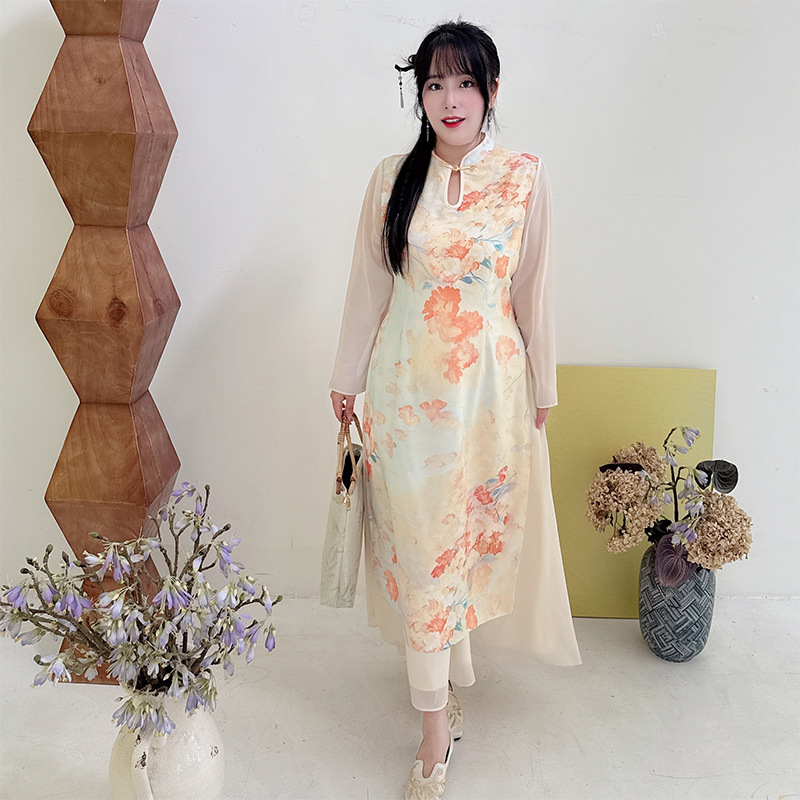 【涵胖胖】清51765国风改良款2025女秋季新款拼接新中式大码旗袍