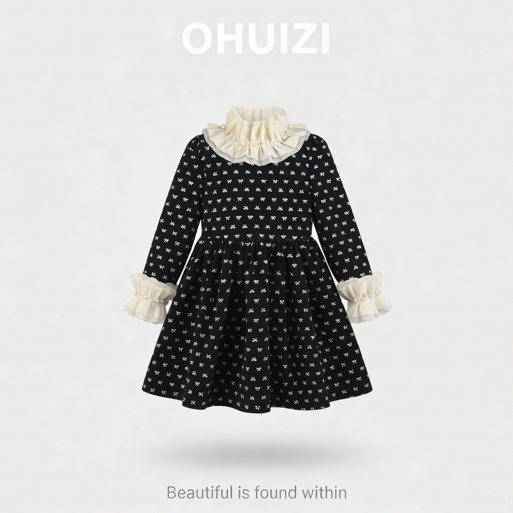 OHUIZ【圆舞】设计师童装连衣裙礼服裙加绒裙子女童法式珍珠丝绒裙