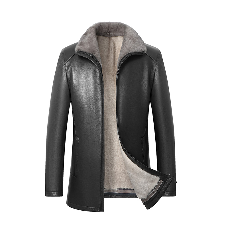 88020男士皮衣休闲商务中长款 整皮水貂男装黑色冬季保暖新品