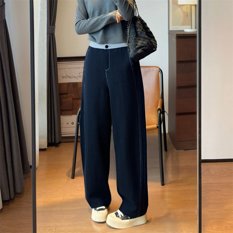 D-1192-加绒加厚复古水洗做旧撞色拼腰显瘦弯刀香蕉裤3164