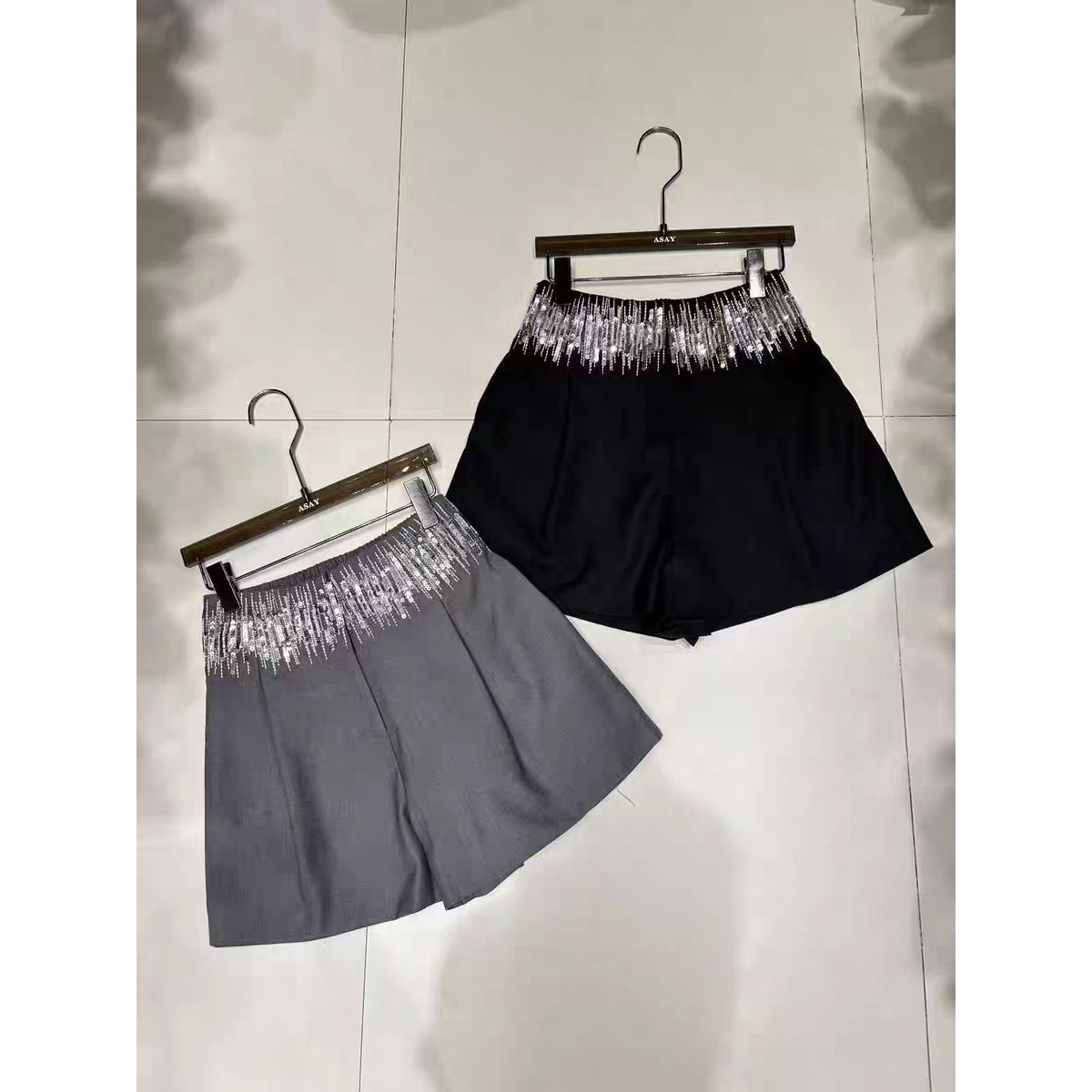 2216#欧货2025夏季设计款亮片刺绣高腰显瘦百搭阔腿裤打底短裤女