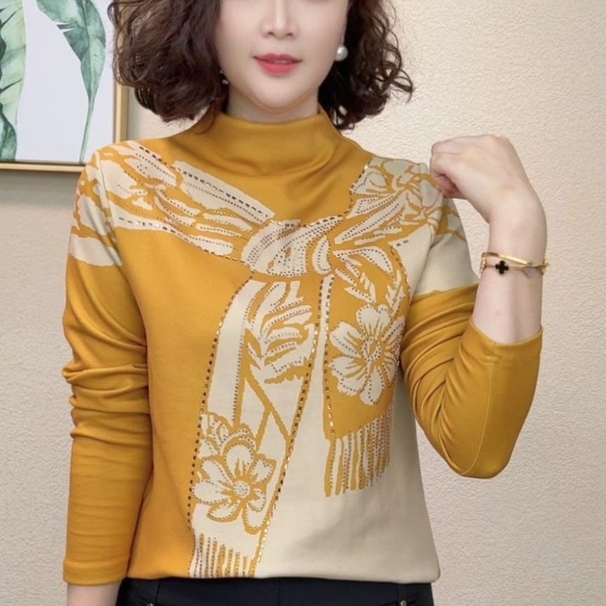 秋冬2025新款气质印花半高领打底妈妈时尚百搭长袖T恤保暖上衣