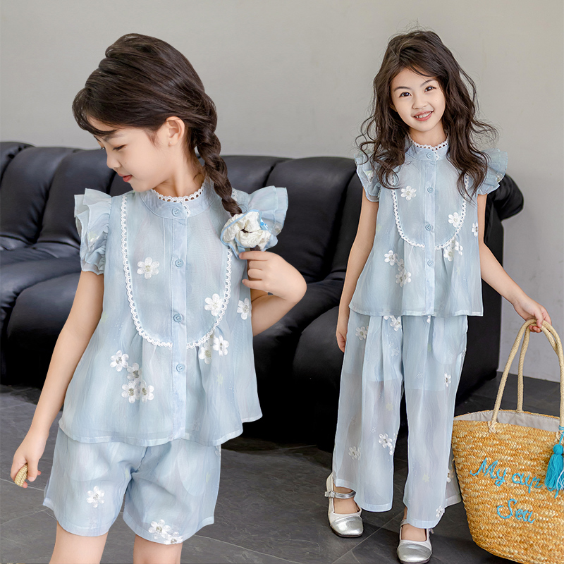 尚品琳9882国风娃娃衫小飞袖花朵短袖长裤短裤套装