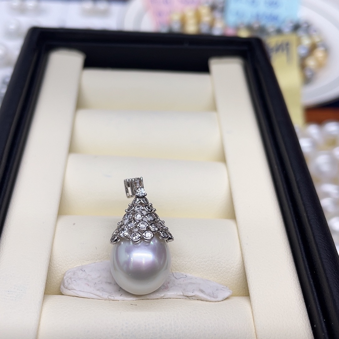 海水珍珠银S925镶嵌颈饰澳白炫彩宝石光吊坠11.9mm