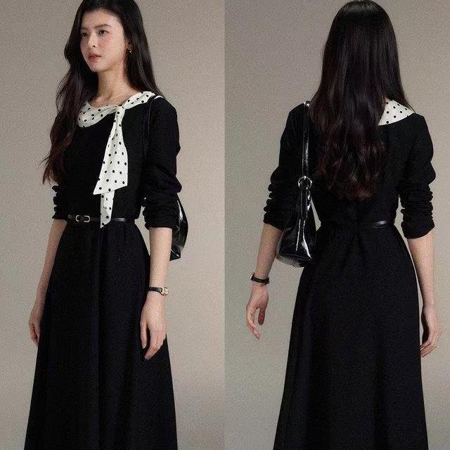 【南艺】法式气质波点飘带领拼黑色连衣裙女高级感收腰裙