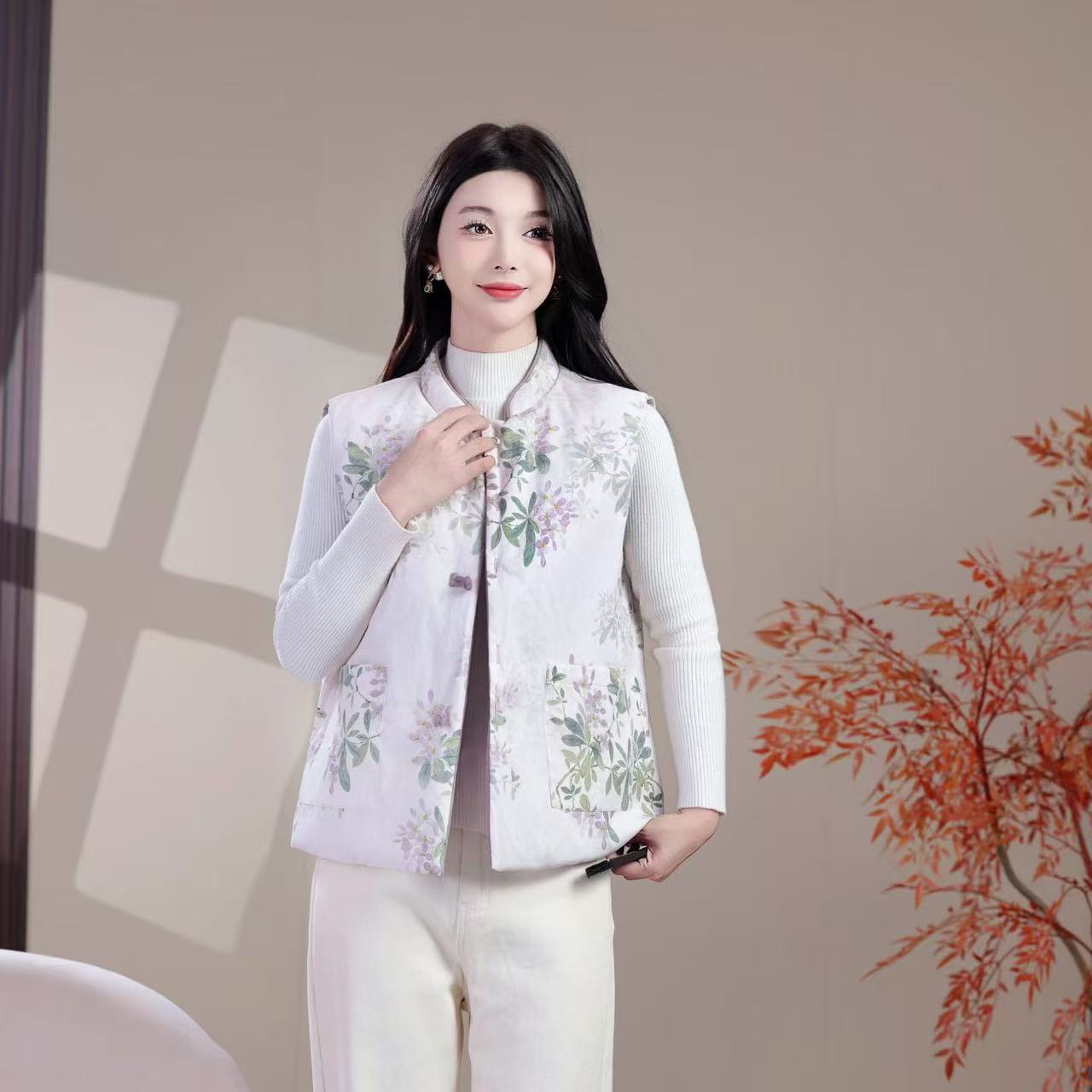 植物花卉保暖宽松型女背带款马夹上衣中国风中式印花