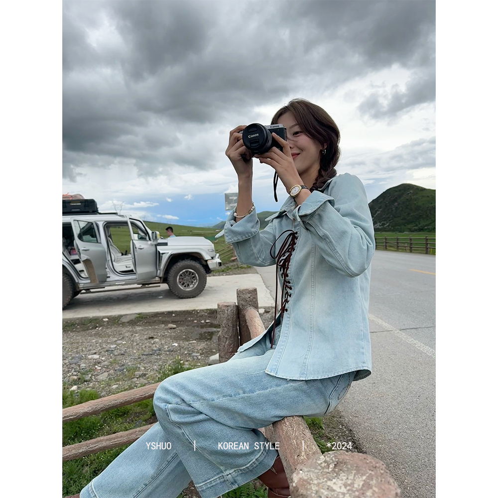 【交叉牛仔】早秋韩版小众美式复古穿绳牛仔外套 6366