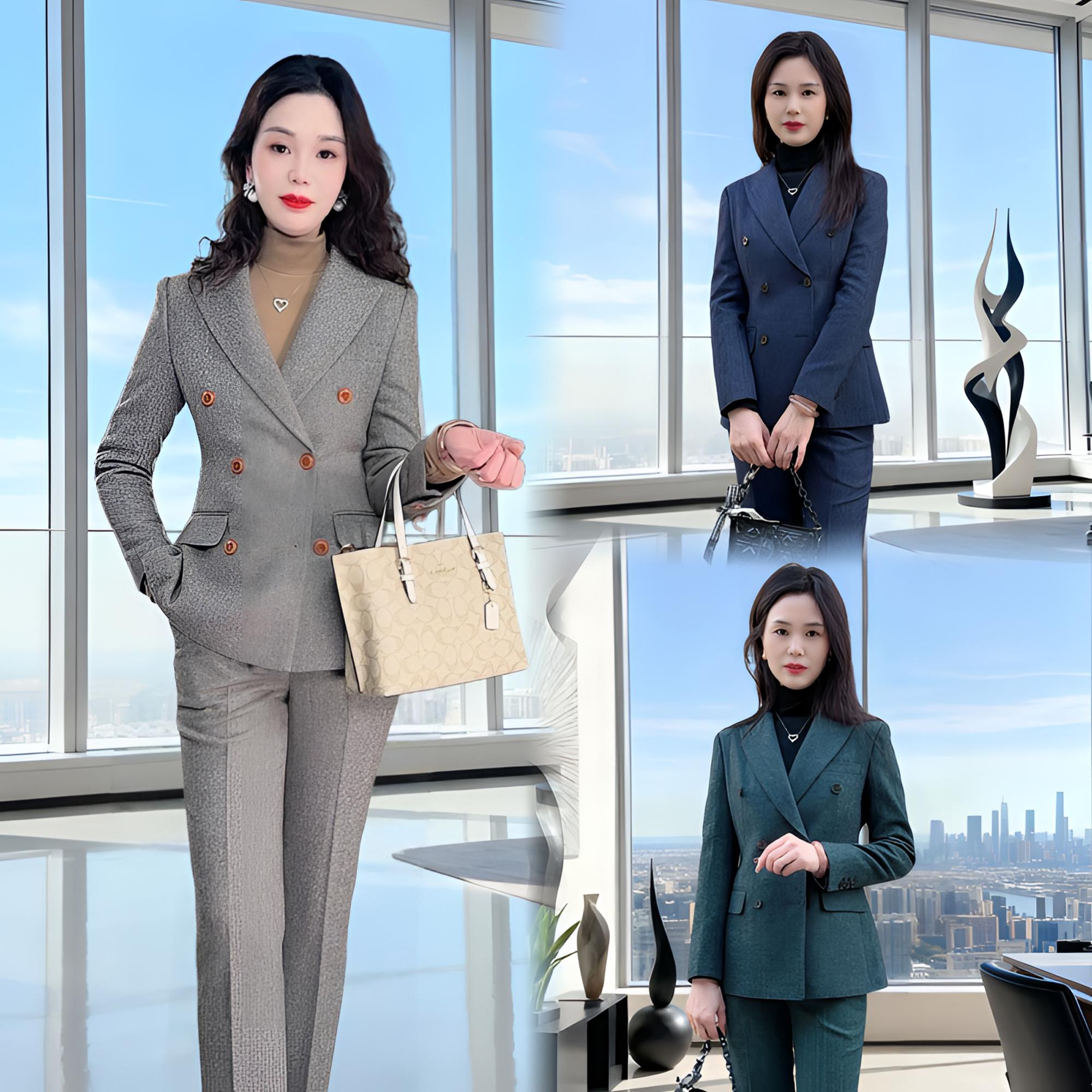 秋冬加厚羊毛燕麦蓝色墨绿人字纹双排扣职业装女性时尚高端两件套